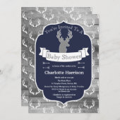 ネイビモダンー素朴ディア&グレーウッドベビーシャワー 招待状 (正面/裏面)