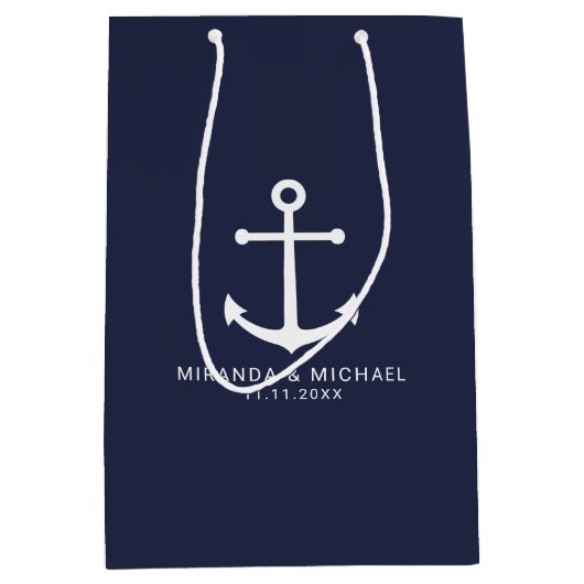 ネイビモダンー航海のブルーいかり結婚式の引き出物 ミディアムペーパーバッグ (正面)