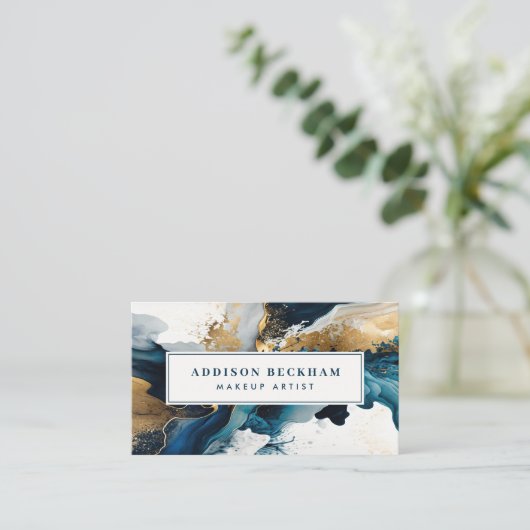 ネイビモダンー金ゴールド抽象芸術水色 名刺 (スタンド正面)