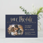 ネイビモダンー金ゴールド結婚の写真が日付を保存 セーブザデート (スタンド正面)