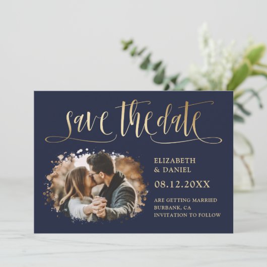 ネイビモダンー金ゴールド結婚の写真が日付を保存 セーブザデート (スタンド正面)