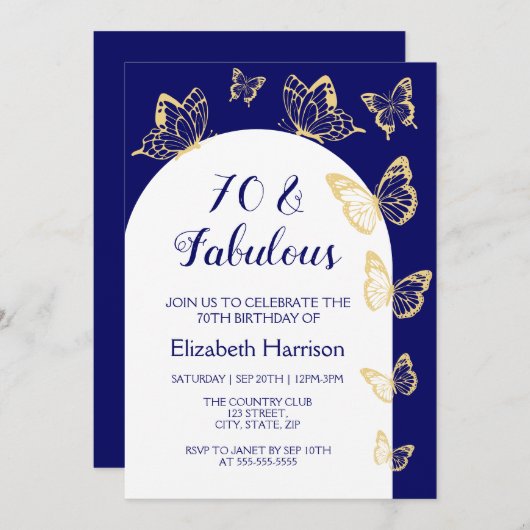 ネイビモダンー金ゴールド蝶の素晴らしい誕生日 招待状 (正面/裏面)