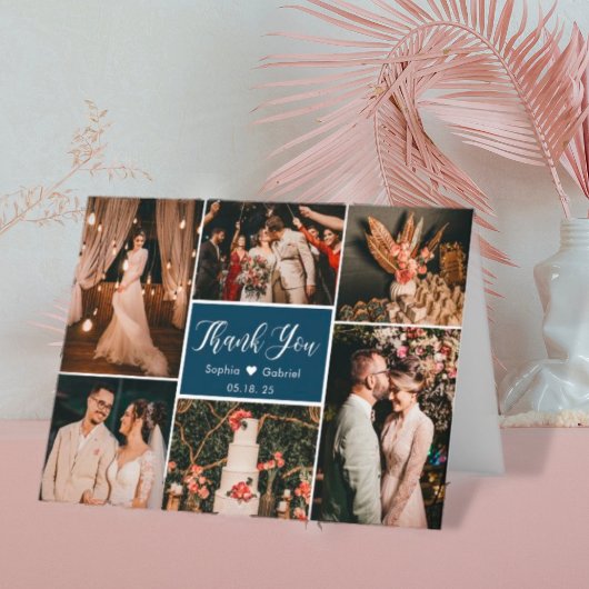 ネイビモダンー6フォトコラージュ結婚のサンキューカード サンキューカード
