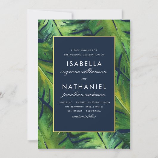 ネイビモダンー&グリーン熱帯葉トロピカル結婚 招待状 (正面)
