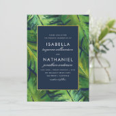 ネイビモダンー&グリーン熱帯葉トロピカル結婚 招待状 (スタンド正面)