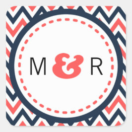 ネイビモダンー&コーラルシェブロン&ロブバード結婚ズ スクエアシール