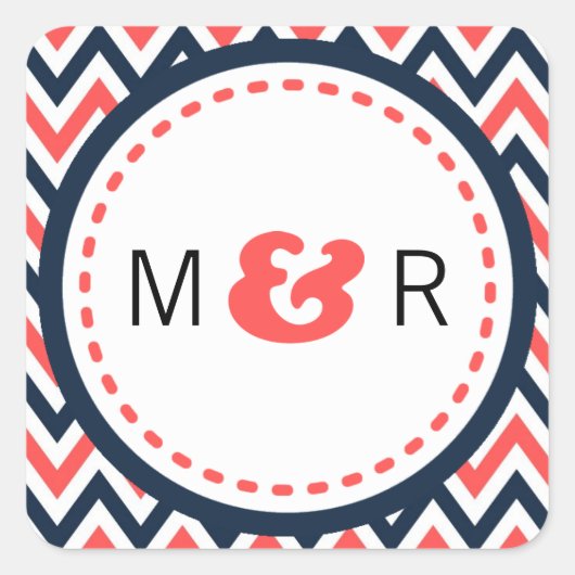 ネイビモダンー&コーラルシェブロン&ロブバード結婚ズ スクエアシール (正面)