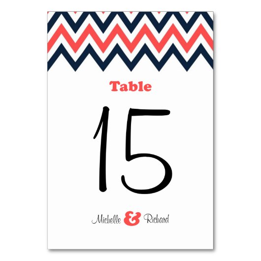 ネイビモダンー&コーラルシェブロン&ロブバード結婚ズ テーブルナンバー (正面)