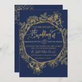 ネイビモダンー&ゴールドフォイル結婚フローラ 招待状 (正面/裏面)