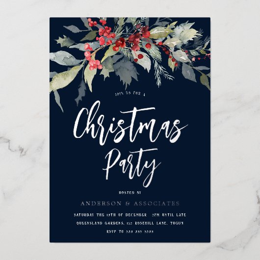 ネイビモダンー&シルバーホリデークリスマスパーティー 箔招待状 (正面)