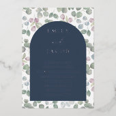 ネイビモダンー&シルバーボタニカルウォーター結婚カラー 箔招待状 (正面)