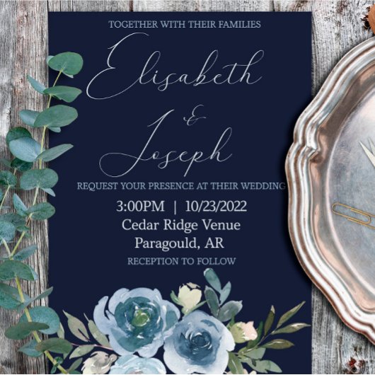 ネイビモダンー&ベビーブルーフローラクラシックズ結婚 招待状