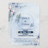 ネイビモダンー&ライトブルー結婚の花 招待状 (正面/裏面)