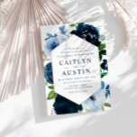 ネイビモダンー&ライトブルー結婚花 招待状<br><div class="desc">フローラデザインと編集可能な青の文字と水色のネイビー&ライトブルーの花。</div>