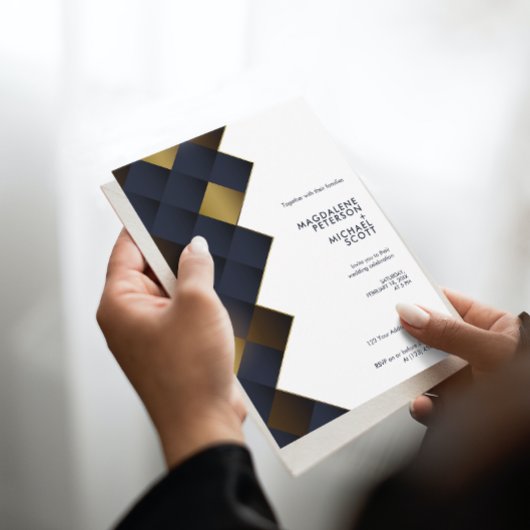 ネイビモダンー&金ゴールドダイアモンド結婚ズ 招待状