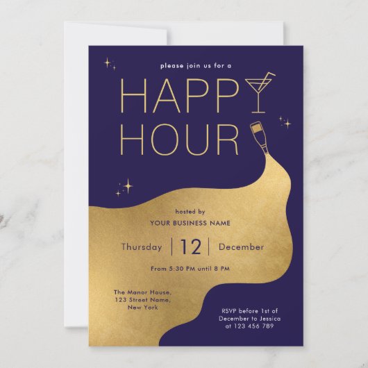 ネイビモダンー&金ゴールド会社ネットワークHappy Hour 招待状 (正面)