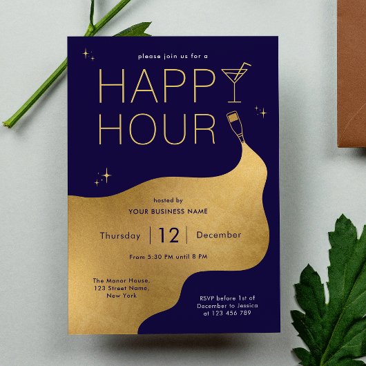 ネイビモダンー&金ゴールド会社ネットワークHappy Hour 招待状