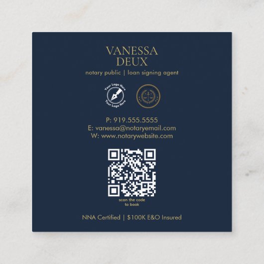 ネイビモダンー&金ゴールド公証人ペンQRロゴエレガント スクエア名刺 (裏面)