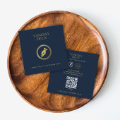 ネイビモダンー&金ゴールド公証人ペンQRロゴエレガント スクエア名刺