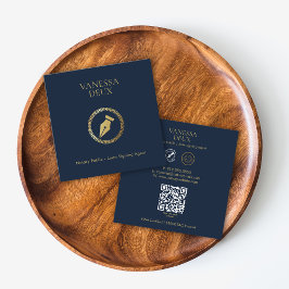 ネイビモダンー&金ゴールド公証人ペンQRロゴエレガント スクエア名刺