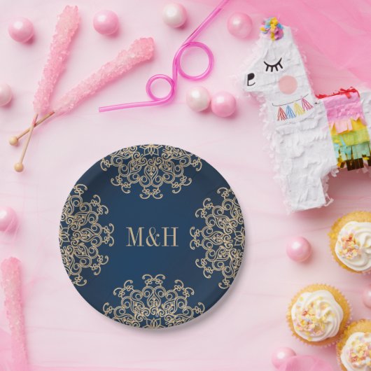 ネイビモノグラムのーと金ゴールドインディアンスタイル結婚ズ ペーパープレート (パーティー)