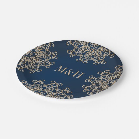 ネイビモノグラムのーと金ゴールドインディアンスタイル結婚ズ ペーパープレート (アングル)