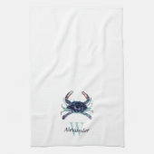 ネイビモノグラムのー航海のブルーグレーティール（緑がかった色）カニ キッチンタオル (縦)