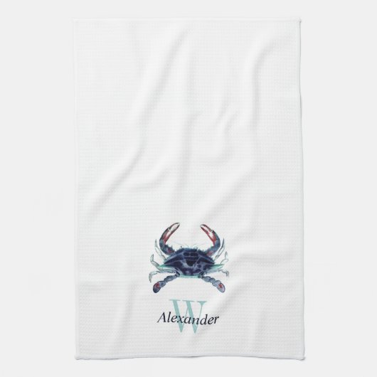 ネイビモノグラムのー航海のブルーグレーティール（緑がかった色）カニ キッチンタオル (縦)