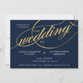 ネイビユニークモダンーと金ゴールドスクリプ結婚ト 招待状 (正面)