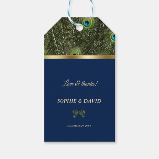 ネイビユニークーブルー金ゴールド孔雀フェザー結婚 ギフトタグ (正面)