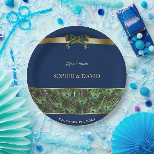ネイビユニークーブルー金ゴールド孔雀フェザー結婚 ペーパープレート (パーティー)