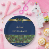 ネイビユニークーブルー金ゴールド孔雀フェザー結婚 ペーパープレート (パーティー)