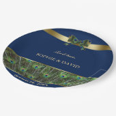 ネイビユニークーブルー金ゴールド孔雀フェザー結婚 ペーパープレート (アングル)