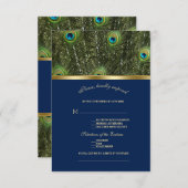 ネイビユニークーブルー金ゴールド孔雀フェザー結婚 出欠カード (正面/裏面)