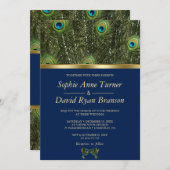 ネイビユニークーブルー金ゴールド孔雀フェザー結婚 招待状 (正面/裏面)