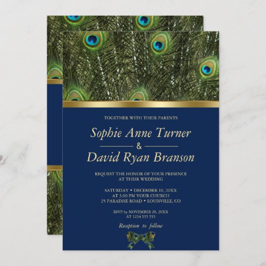 ネイビユニークーブルー金ゴールド孔雀フェザー結婚 招待状 (正面/裏面)