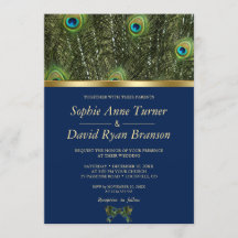 ネイビユニークーブルー金ゴールド孔雀フェザー結婚