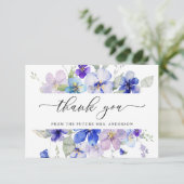 ネイビラベンダーフローラパンシーパープルブライダルシャワー サンキューカード (スタンド正面)