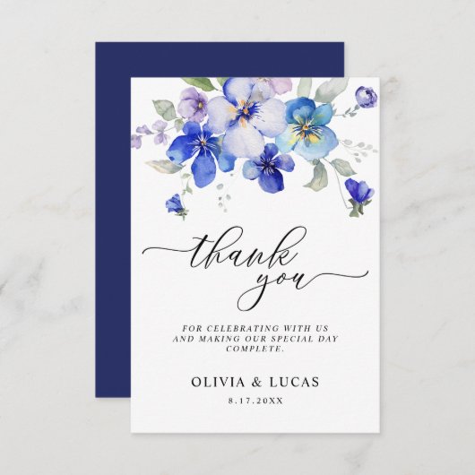 ネイビラベンダーフローラモーヴパンジー春の結婚式 サンキューカード (正面/裏面)