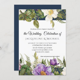 ネイビラベンダーフローラ結婚アイボリーのバラの葉 招待状