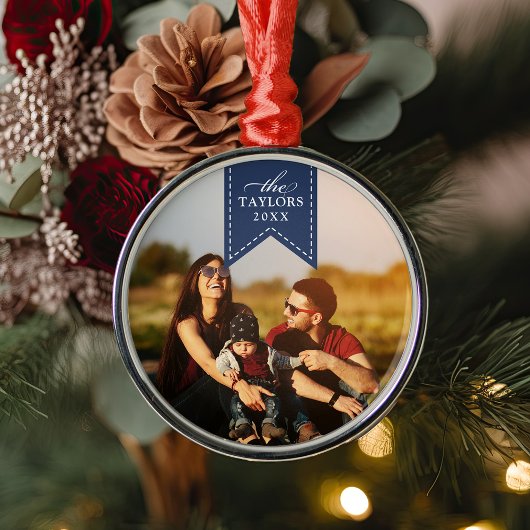 ネイビリボン |名パーソナライズされた前&年写真 メタルオーナメント