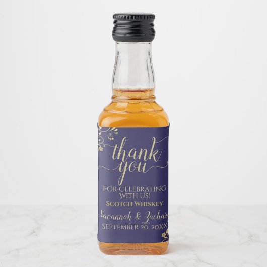 ネイビレースのようーブルーの金ゴールド結婚サンキューミニ リキュールボトルラベル (正面)