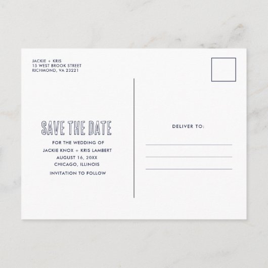 ネイビーおもしろいブルー写真結婚式の日程を保存 案内ポストカード (裏面)