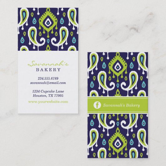 ネイビーおよびグリーンイカットペイズリー名刺 名刺 (正面/裏面)