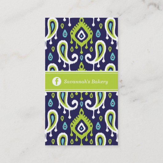 ネイビーおよびグリーンイカットペイズリー名刺 名刺 (裏面)