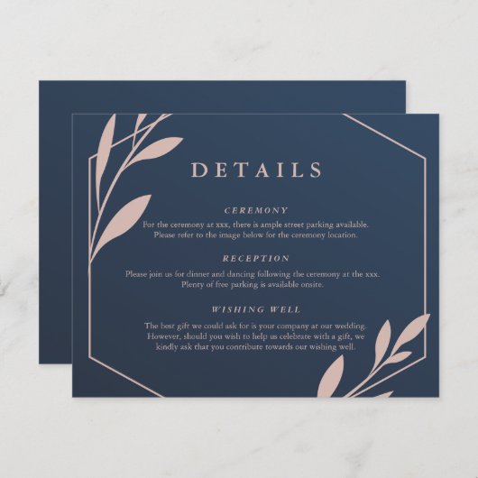 ネイビーおよびピンクの幾何学的詳細エンクロージャカード 招待状 (正面/裏面)