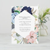 ネイビーおよび赤面フローラフレーム結婚式招待状 招待状 (スタンド正面)