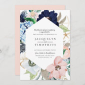 ネイビーおよび赤面フローラフレーム結婚式招待状 招待状 (正面/裏面)