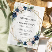 ネイビーおよび赤面フローラ幾何学的結婚式招待状 招待状