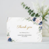 ネイビーおよび赤面フローラ金ゴールドジオメト結婚リ サンキューカード (スタンド正面)